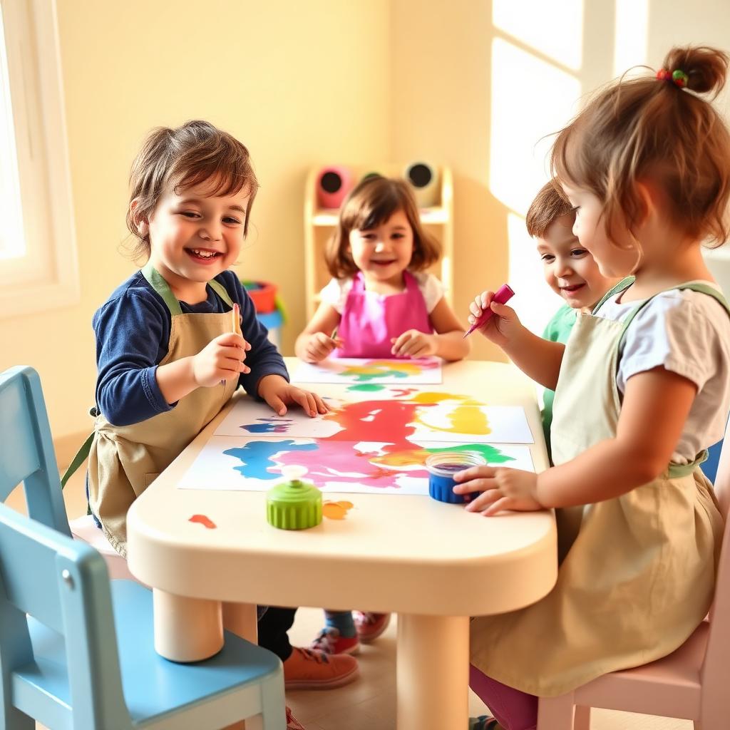 Children painting at a low table in the studio