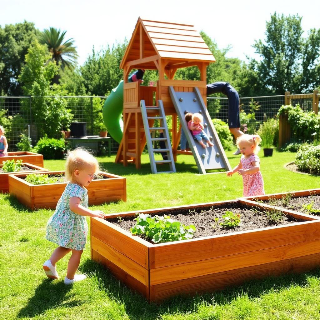 Children exploring the garden beds and climbing frame