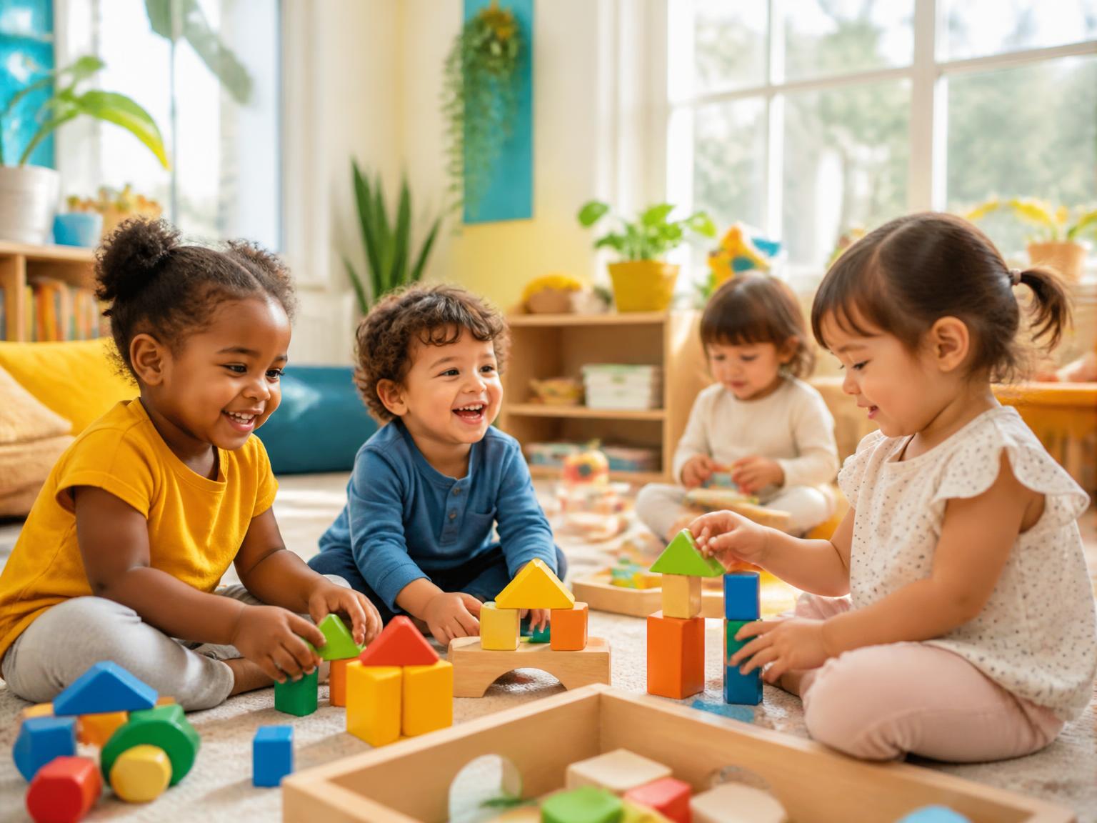 Toddlers laughing while building with wooden blocks in a sunlit playroom