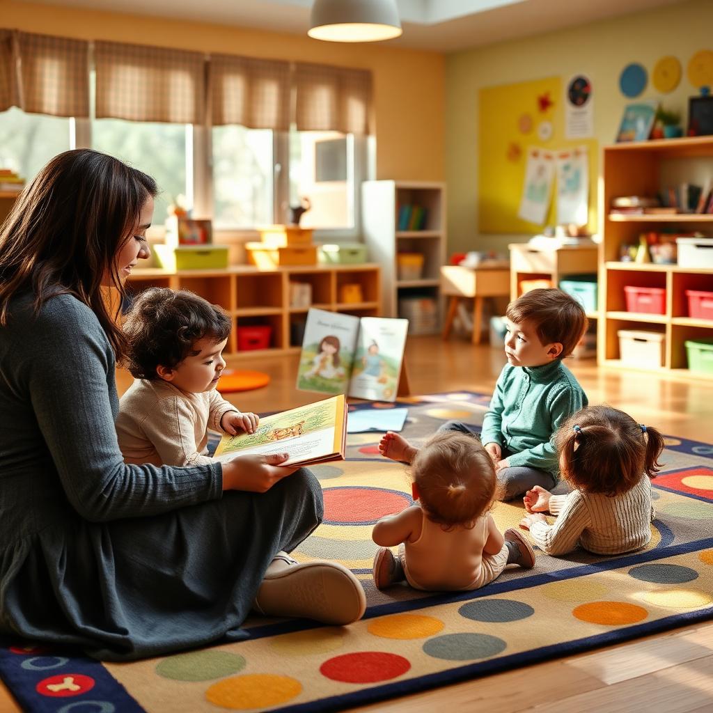 A teacher reading a picture book to a circle of children